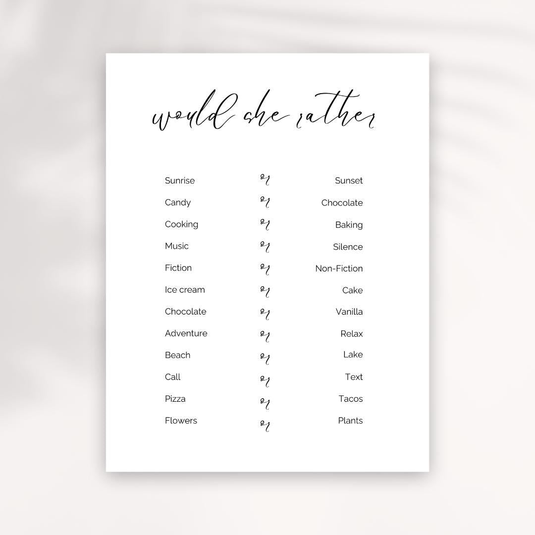 Bridal Shower Game: Would She Rather Fun Bride Quiz (Digital Download)