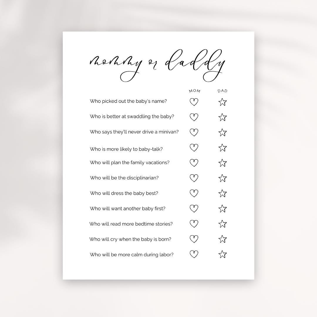 Mommy or Daddy Baby Shower Game: Fun Printable Quiz (Digital Download)
